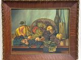une peinture représentant une corbeille de fruits sur une table