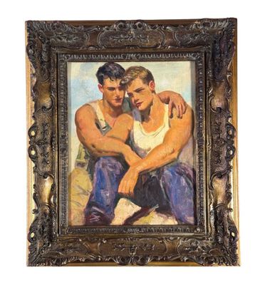 painting of two men sitting next to each other on a white background
