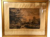 tableau représentant un paysage avec une rivière et des arbres, dans un cadre doré