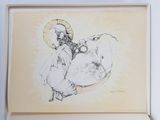 drawing of a man holding a baby in his arms on a shelf