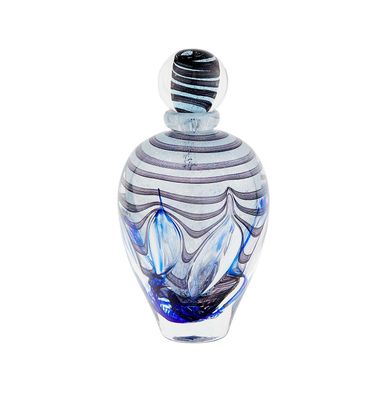 a glass vase with a blue and white design on it