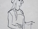 drawing of a woman with a hat and a cane in her hand