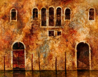 une peinture représentant un bâtiment avec une porte et des fenêtres rouges