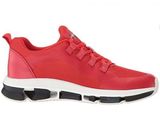 a pair of red sneakers with white soles on a white background