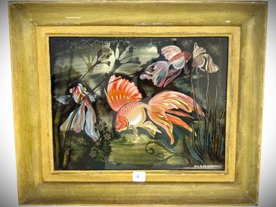 a picture of a painting of two fish in a pond