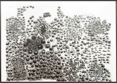 black and white drawing of a bunch of balls in the air