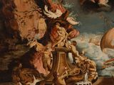 an image of a painting of a man on a boat surrounded by other people