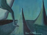 a painting of a man riding a surfboard in the ocean