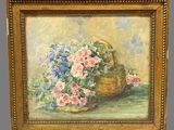 an oil painting of flowers in a basket on a table