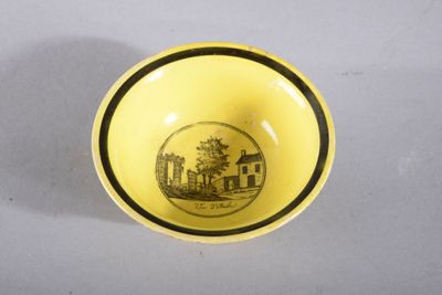 bol jaune et noir orné d'une image représentant une maison