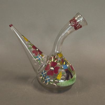 Carafe alsacienne en verre soufflé, décor peint polychrome f…