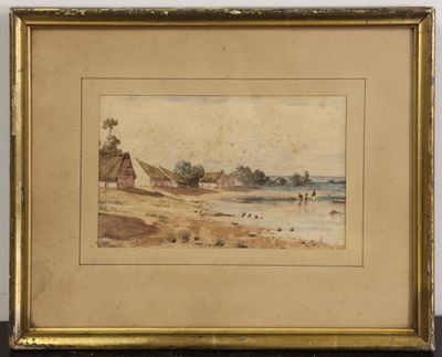 une peinture représentant une scène de plage avec une maison et un bateau dans l'eau
