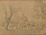 un vieux dessin représentant un château situé dans une zone boisée, avec des arbres