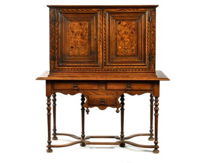 an image of an old wooden desk with a cabinet on top