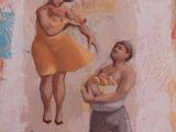tableau représentant un homme tenant un panier de fruits à côté d'une femme en robe jaune
