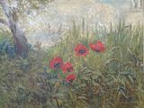 a painting of a field with red flowers and a tree
