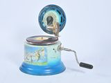 a blue and white music box with a record on it
