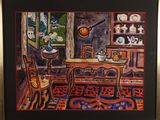 painting of a table and chairs in a room with a clock on the wall