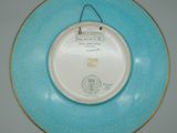 a blue plate with a gold rim on a white wall