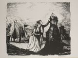 an image of a drawing of a woman standing next to a horse