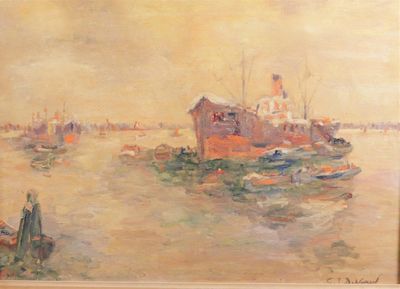 une peinture représentant une scène portuaire avec des bateaux dans l'eau