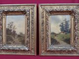paire de peintures à l'huile françaises du XIXe siècle représentant un paysage champêtre