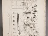 an old book with a drawing of a kitchen scene on it