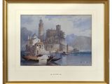 painting of a boat in a body of water with a castle in the background