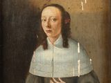 an old painting of a woman in a black dress with a white collar