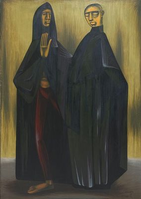 un tableau représentant deux femmes vêtues de robes noires, debout l'une à côté de l'autre