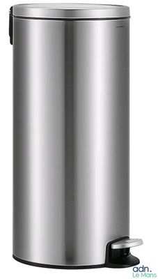 a stainless steel trash can on a white background