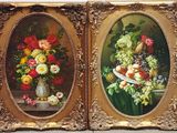 two paintings of flowers and fruit in a vase on a table