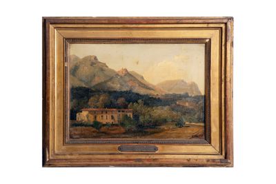 peinture d'un paysage avec des montagnes en arrière-plan