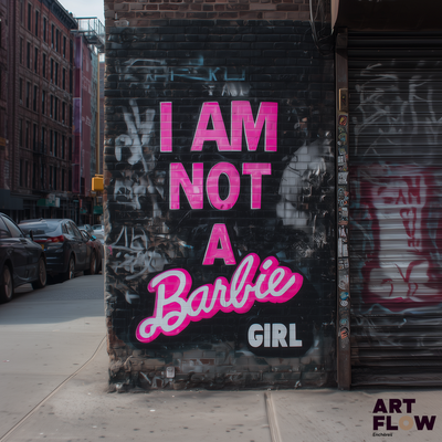 une pancarte sur laquelle on peut lire « Je ne suis pas une Barbie Girl », accrochée sur la façade d'un immeuble