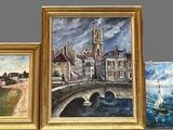 painting of a bridge over a body of water with a castle in the background