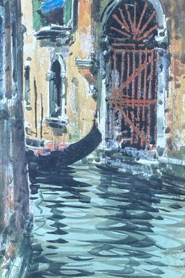 a painting of a gondola going down a canal