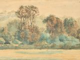 une image d'un tableau représentant un paysage avec des arbres au premier plan
