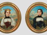 une paire de portraits miniatures représentant une femme et un homme dans un paysage