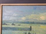 a painting on the wall of a room that has a picture of a boat in the water