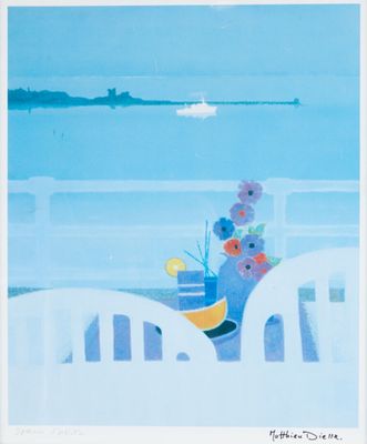 a painting of a vase with flowers on a table