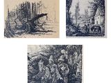 trois dessins représentant un homme et une femme dans un environnement boisé