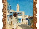 a picture of a painting of a street in the middle of town