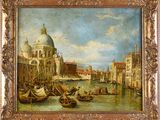 un tableau représentant une vue de Venise avec des gondoles et une église