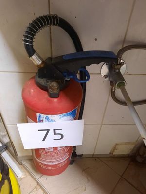 un extincteur fixé au mur d'une salle de bains
