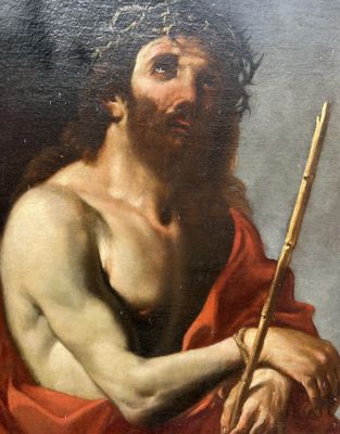 an oil painting of a man with a crown on his head holding a stick