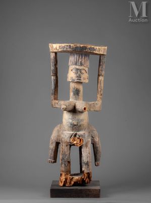 a statue of a man sitting on top of a wooden base