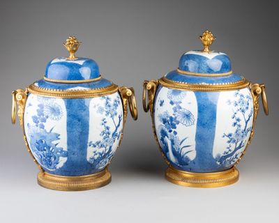 paire de vases bleus et blancs avec des anses dorées