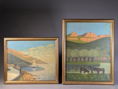 two paintings of horses in a field with mountains in the background