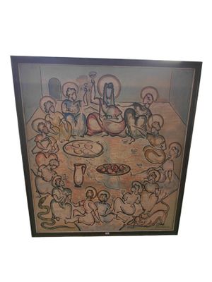 Jean LESTOURAC : "La cène". Grande huile sur toile, SBD, 152…