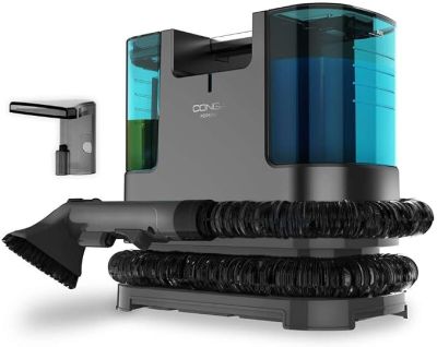 an image of a black and gray cleaning machine with a blue bottle